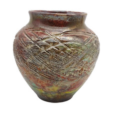 Raku Pottery Iridescent Lustre Vase with Stylized Iris/Lotus Floral Design — listing 6