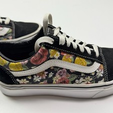 Vans Old Skool Floral Sneakers, Black/White with Flower Print, Women's 8 / Men's 6.5