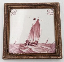 Delft Blue Hand-Painted Ceramic Tile 'Kanonschot' Naval Battle Scene after Van de Velde, Framed — listing 4