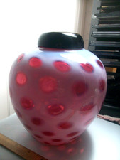 Vintage Cranberry Ruby Red Glass Covered Ginger Jar Urn with Hand-Painted Enamel Floral Decoration — listing 6