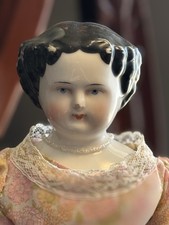 Vintage 12 Inch Porcelain China Head Doll in Gold Satin Dress with Black Tulle Overlay — listing 6