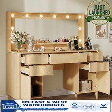 Vintage Oak Kneehole Vanity Desk / Dressing Table with Mirror, Stool, and Cabinets — listing 5