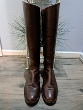 Vintage Tall Leather Riding Boots, Cognac/Oxblood Brown, Stacked Leather Heel