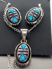 Native American Zuni Sterling Silver Multi-Stone Inlay Pendant with Sunburst Motif — listing 3