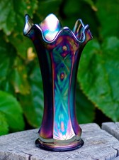 Fenton Iridescent Green JIP (Jack-in-the-Pulpit) Vase in Wrought Iron Leaf Stand, 11 inch — listing 2