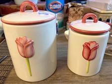 Vintage Graduated 4-Piece Ceramic Canister Set, Yellow-Green with Red Tulip Motif — listing 2