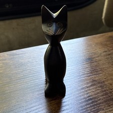 Vintage Carved Wooden Mid-Century Cat Sculptures, Pair