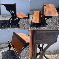 Vintage 'Silent Giant' Cast Iron & Wood School Desk with Attached Seat, Repainted Yellow with Folk Art Stenciling — listing 4