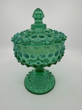 Green Opalescent Hobnail Footed Compote / Candy Dish with Ruffled Rim — listing 2