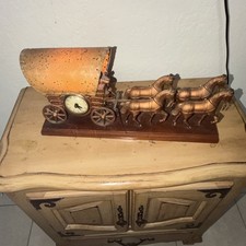 Vintage Covered Wagon Electric Mantel Clock with Gold Horse Team — listing 2