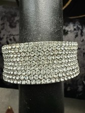 Costume Jewelry Silver-Tone Hinged Cuff Bracelet with Yellow and Green Faceted Cabochons and Blue Rhinestones