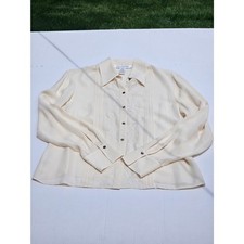 Jones New York Quilted Cotton Snap-Placket Pullover, Cream with Mint Trim, Size M