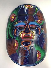 Small Mexican Folk Art Faux Tribal Mask, Hand-Painted Terracotta Wall Mask with Parrots (6.25 x 5 in) — listing 6