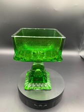 Vintage Emerald Green Pressed Glass Square Pedestal Covered Candy Dish / Wedding Box