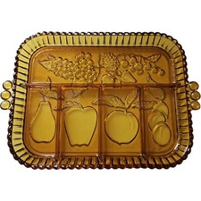 Vintage Amber Pressed Glass Divided Relish Dish with Scalloped Rim and Starburst Pattern — listing 5