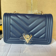 Navy Blue Pebbled Leather Crossbody Bucket Bag with Ring Buckle Accent — listing 5