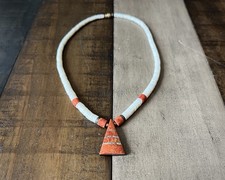 Vintage Puka Shell Heishi Necklace with Sail Pendant and Red Coral Accents — listing 3