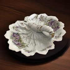 Antique Victorian Hand-Painted Porcelain Three-Section Leaf-Form Sweetmeat / Divided Serving Dish with Center Twist Handle — listing 6