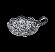 Antique EAPG Pressed Glass Square Bowl with Hobstar and Fan Pattern, Ruffled Rim