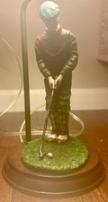 Vintage Brass Figural Golfer Table Lamp with Burlap Shade — listing 5