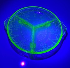 Green Depression Uranium Glass Divided Relish Tray in Silver Plate Handled Holder, 10 inch — listing 4