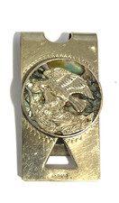 Vintage Mexican Alpaca Silver Money Clip with Crushed Turquoise Inlay Sun Face — listing 2