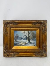 Vintage Original Oil Painting, Snowy Winter Cottage at Twilight, Framed Landscape — listing 3