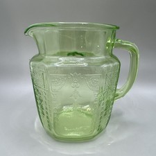 Vintage Green Uranium Glass Pressed Pitcher with Floral and Diamond Pattern, 8 inches — listing 6