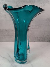 Murano Style Splash/Drape Art Glass Vase Aqua Blue White Swirl — listing 2
