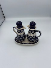 Boleslawiec Polish Pottery Oil & Vinegar Cruet Set with Tray, Blue Grape Pattern, 3-Piece — listing 6