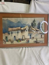 Original Signed Watercolor Painting, Peruvian/Andean Village Street Scene with Figures, Framed 10x6.5" — listing 3