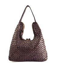 Woven Black & White Faux Leather Kiss-Lock Hobo Handbag with Rhinestone Ring Accents — listing 3