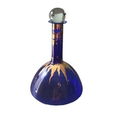 Blown Glass Decanter with Cobalt Blue Flame Stopper, Gold Accent and Pedestal Foot — listing 5