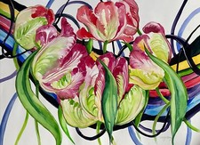 Framed Floral Still Life Watercolor of Parrot Tulips — listing 3