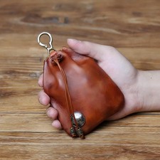 Antique Hand-Stitched Leather Drawstring Pouch with Brass Bead Toggle