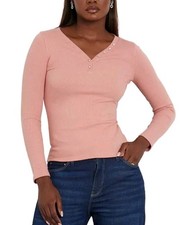 Guess Women's Black Ribbed Henley Top with Snap Button Placket and Tonal Logo — listing 2