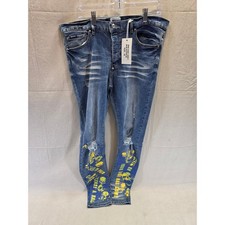 Mackeen Distressed Light Wash Denim Jeans with Neon Skull Graphic — listing 3