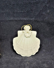 Vintage Porcelain Christmas Angel Ornament with Feather Wings and Satin Gown — listing 4