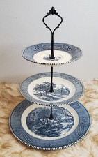 Currier & Ives Blue Transferware Two-Tier Serving Tidbit Tray — listing 3