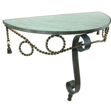 Demilune Console Table and Round Side Table Set, Marble Top with Wrought Iron Leaf Scroll Base — listing 6