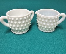 Milk Glass Creamer and Sugar Set with Embossed Floral/Leaf Pattern and Scalloped Rims — listing 5