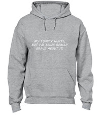 Meme Graphic Pullover Hoodie with "My Tummy Hurts" Print, Cream/Off-White