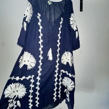 Dolma Cotton Linen Block-Print Dress, Blue Floral Medallion Pattern, Size S — listing 5