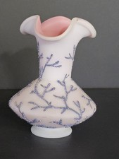 Victorian Coralene Beaded Milk Glass Vase with Bird & Floral Motif — listing 6