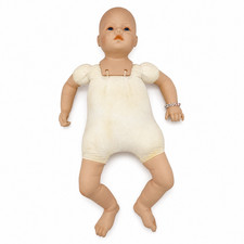 Vintage Porcelain Baby Doll with Blonde Hair, Blue Eyes, White Eyelet Lace Bonnet and Gown — listing 4