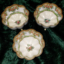 Pair of Antique Hand-Painted Porcelain Footed Salt Cellars/Nut Dishes with Roses and Gold Moriage
