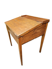 slant pine Vintage Colonial Style Pine Slant-Top Writing Desk with Chair and Wall Shelf — listing 3