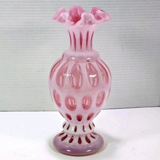 Pair of Vintage Fenton French Opalescent Coin Dot Boudoir Lamps with Ruffled Hurricane Shades and Brass Bases — listing 4