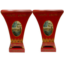 Regency-Style Red Tole Painted Chestnut Urn with Lion Mask Handles and Gilt Decoration — listing 4