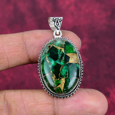 Green Copper Turquoise Oval Cabochon Pendant in Silver-Tone Bezel Setting — listing 6